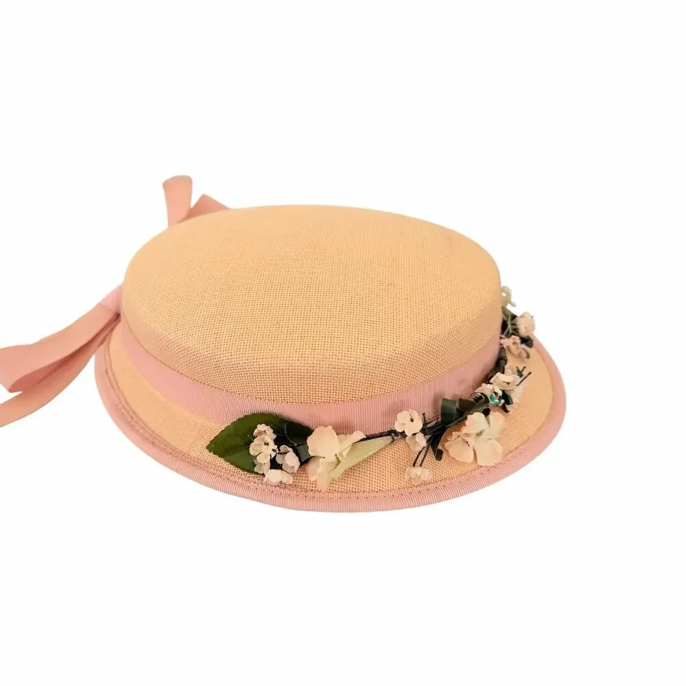 Vtg Pink Straw Boater Hat Floral Ribbton Sun Skimmer Garden Party Cottagecare